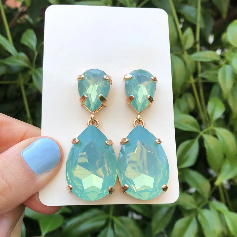 Green Opal Crystal Drop Statement Earrings